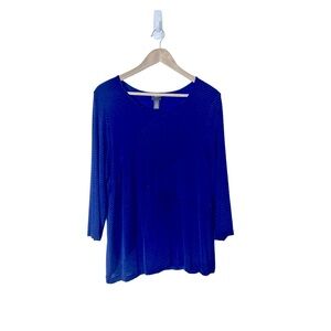 Chico's Travelers Textured Ribbed Assymetric Top Large/2 Blue Lined Colorful
